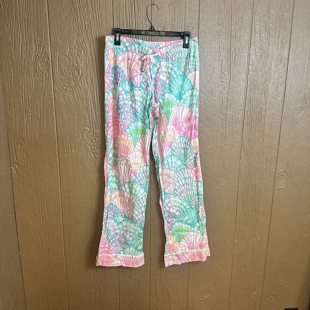 Lilly Pulitzer Tropical Shell Print Pajama Pants Pink Blue Wide Leg Sz M Sleep